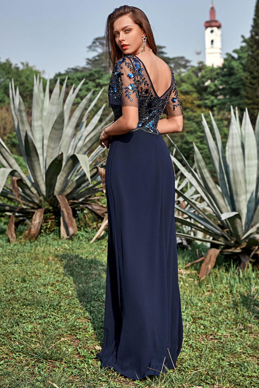 Azul Marina Vestido de Madrina Mangas Cortas