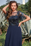 Azul Marina Vestido de Madrina Mangas Cortas