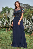 Azul Marina Vestido de Madrina Mangas Cortas