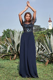 Azul Marina Vestido de Madrina Mangas Cortas