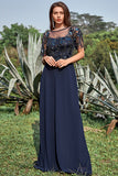 Azul Marina Vestido de Madrina Mangas Cortas
