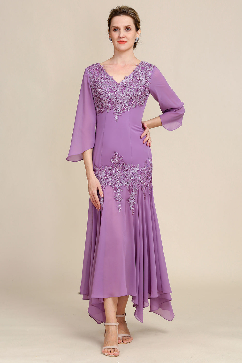 Púrpura Sirena Gasa Vestido de Madrina Con Encaje