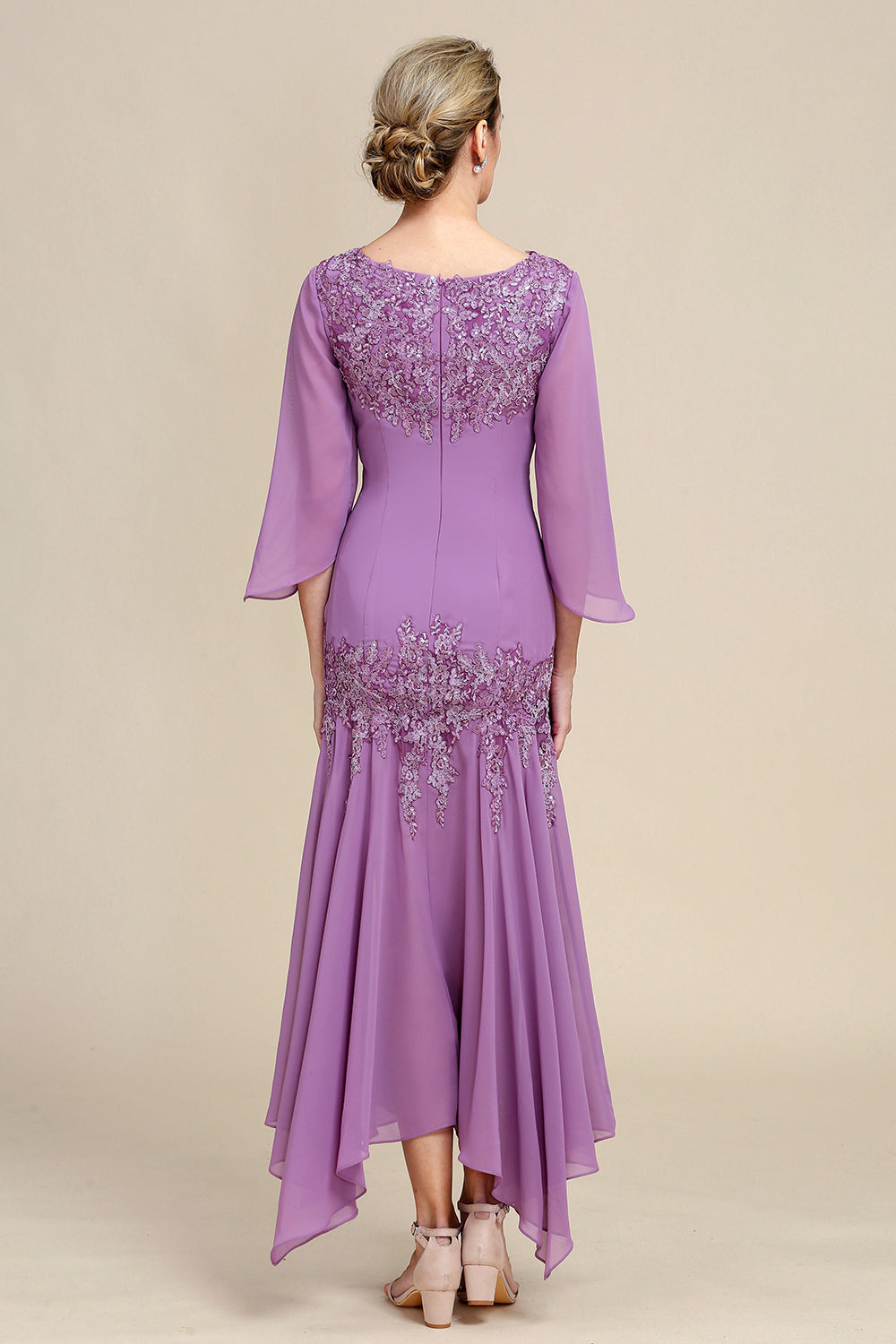 Púrpura Sirena Gasa Vestido de Madrina Con Encaje