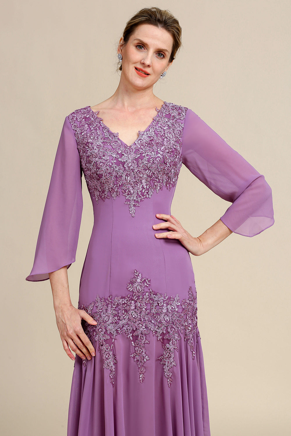 Púrpura Sirena Gasa Vestido de Madrina Con Encaje