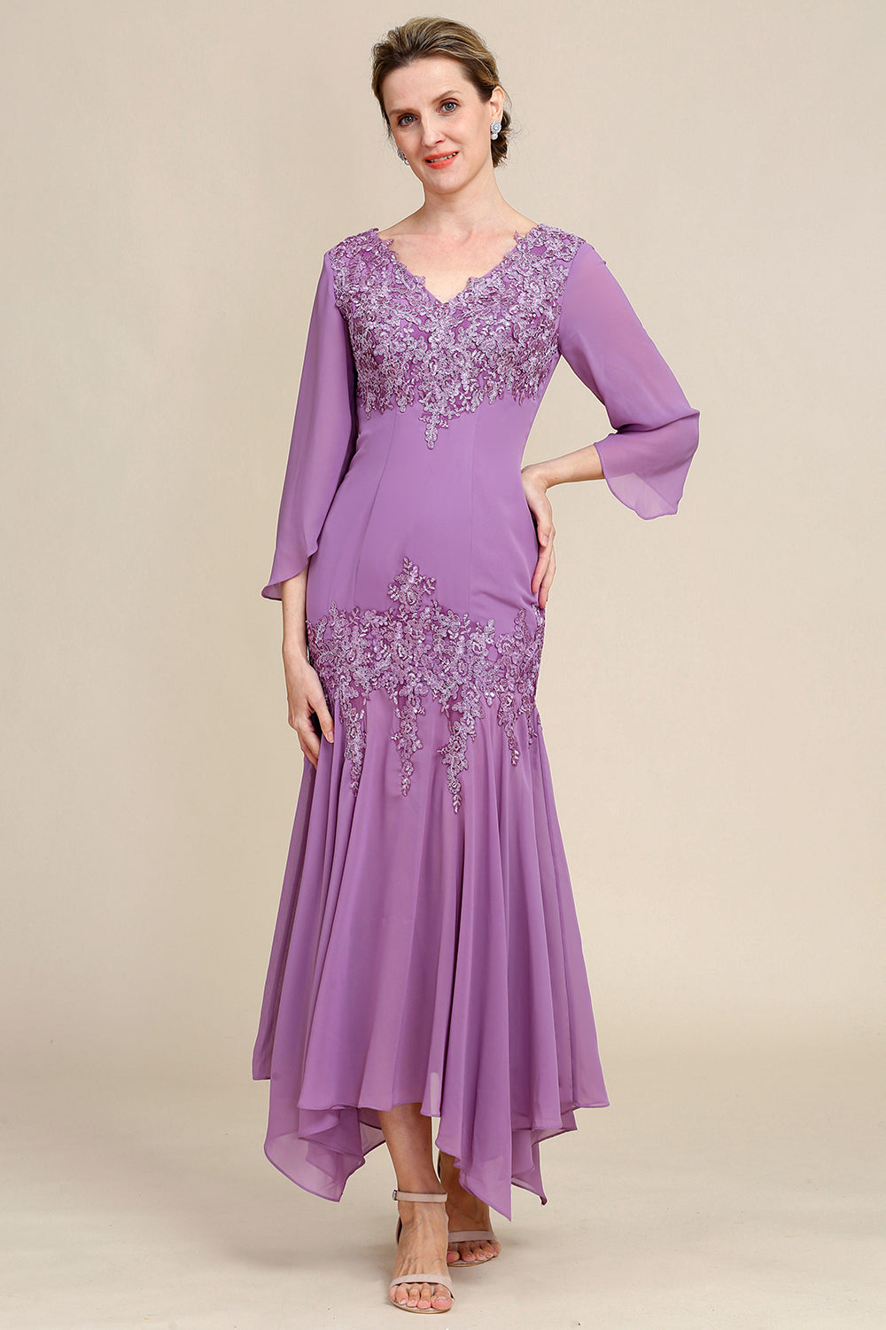 Púrpura Sirena Gasa Vestido de Madrina Con Encaje