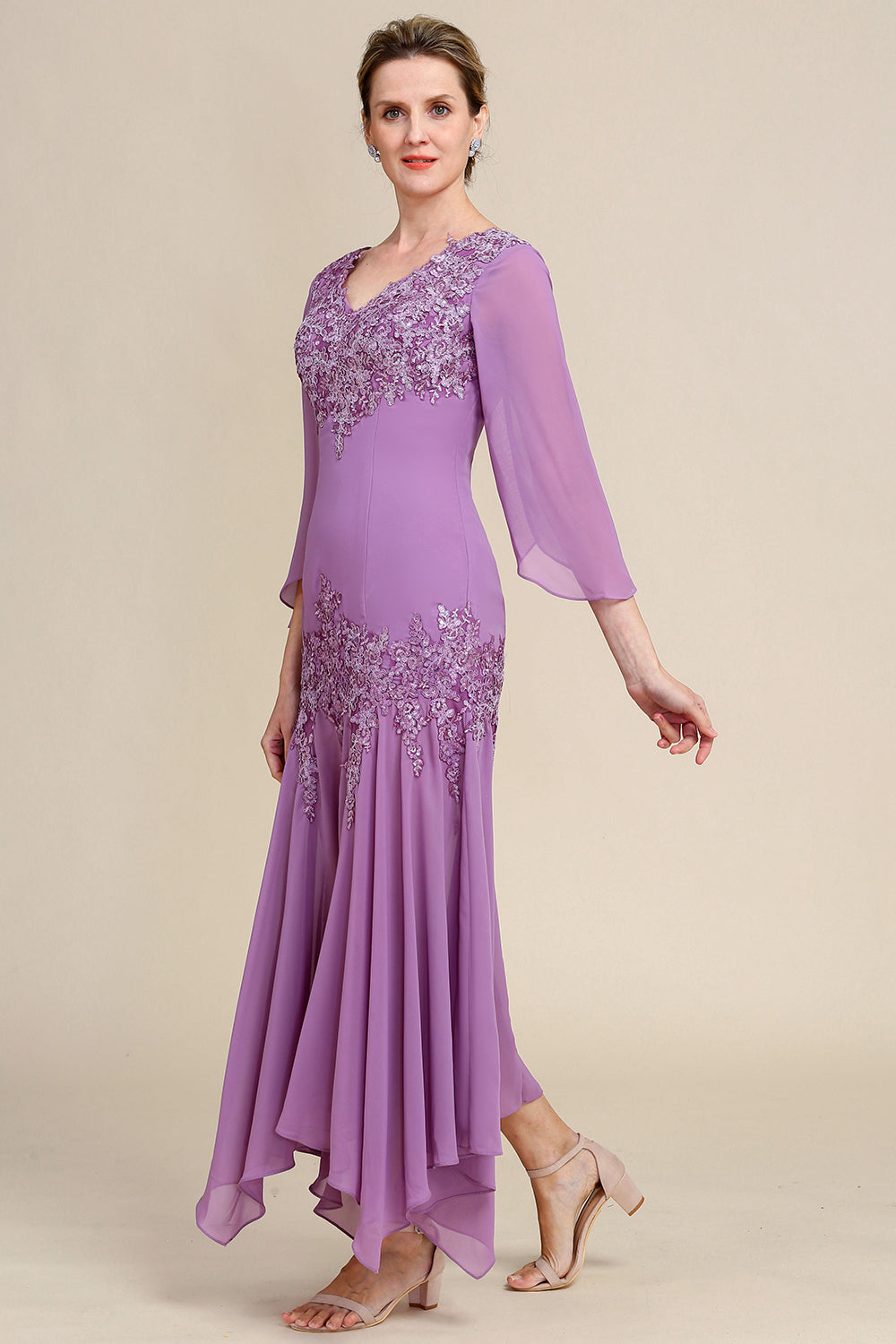 Púrpura Sirena Gasa Vestido de Madrina Con Encaje