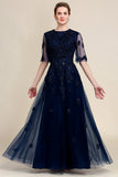 Azul Marino Vestido de Madrina Con Cuentas