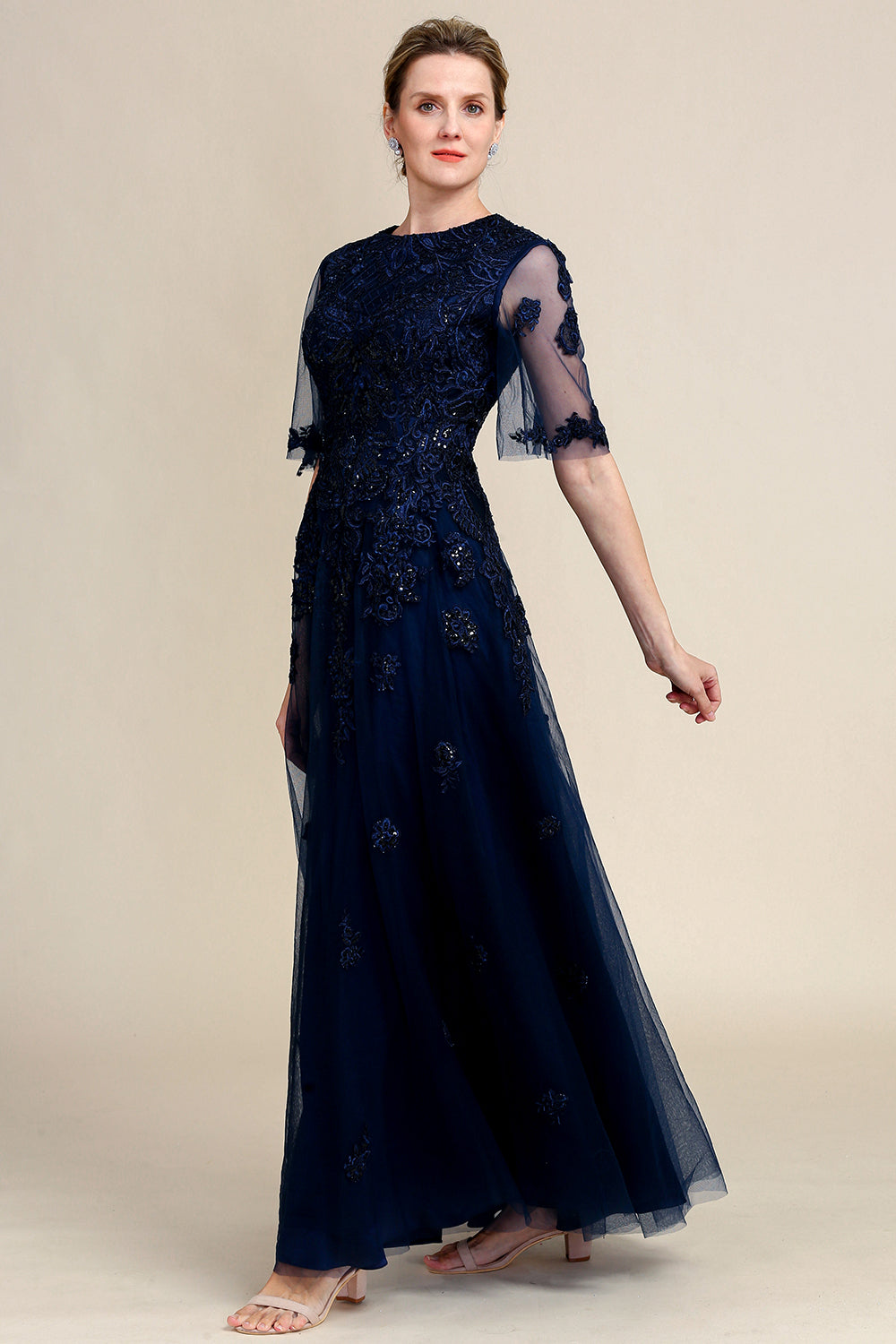 Azul Marino Vestido de Madrina Con Cuentas