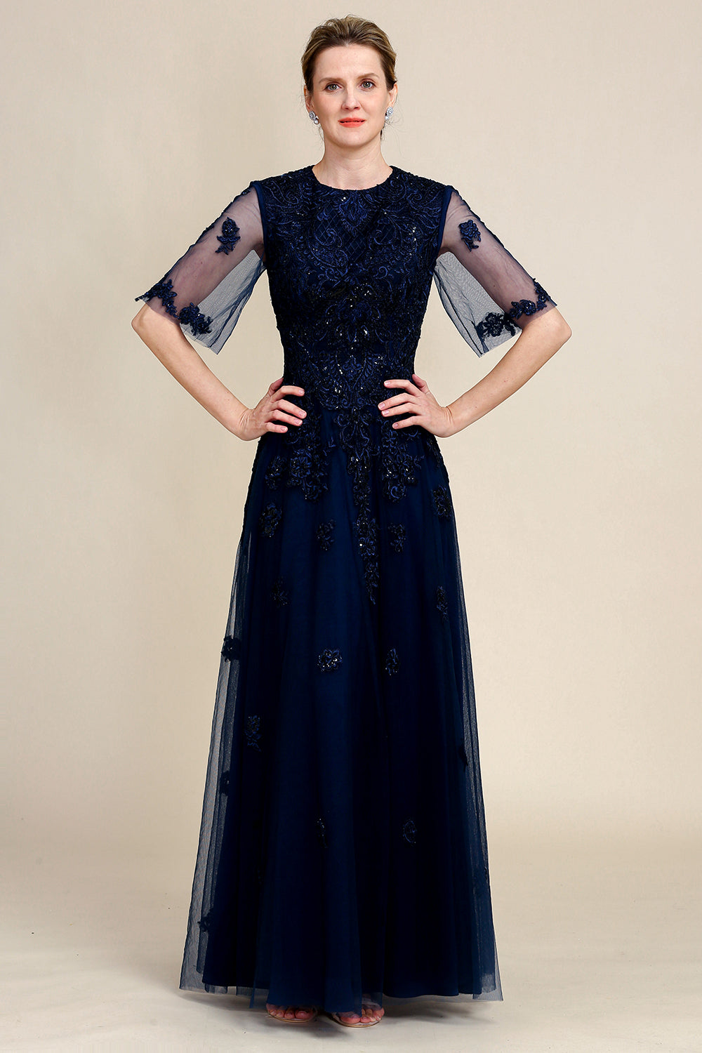 Azul Marino Vestido de Madrina Con Cuentas