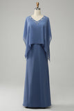 Gris Azul Vestido de Madrina Con Cuentas Batwing Mangas