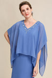 Gris Azul Vestido de Madrina Con Cuentas Batwing Mangas