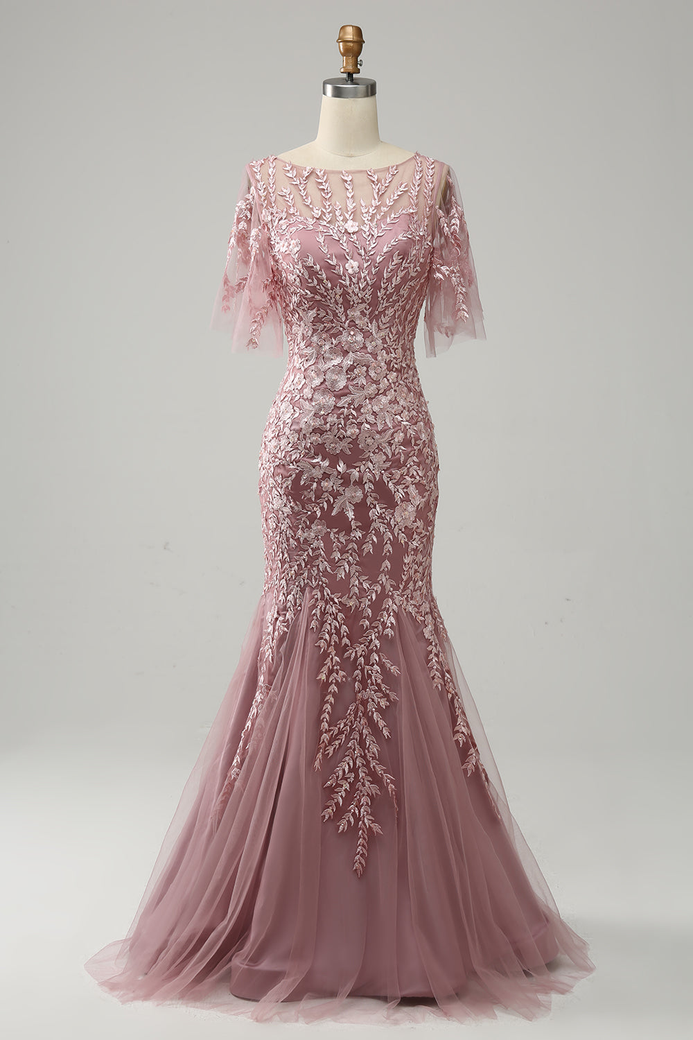 Gris Rosa Sirena Tul Vestido de Madrina con Encaje