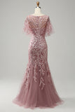 Gris Rosa Sirena Tul Vestido de Madrina con Encaje