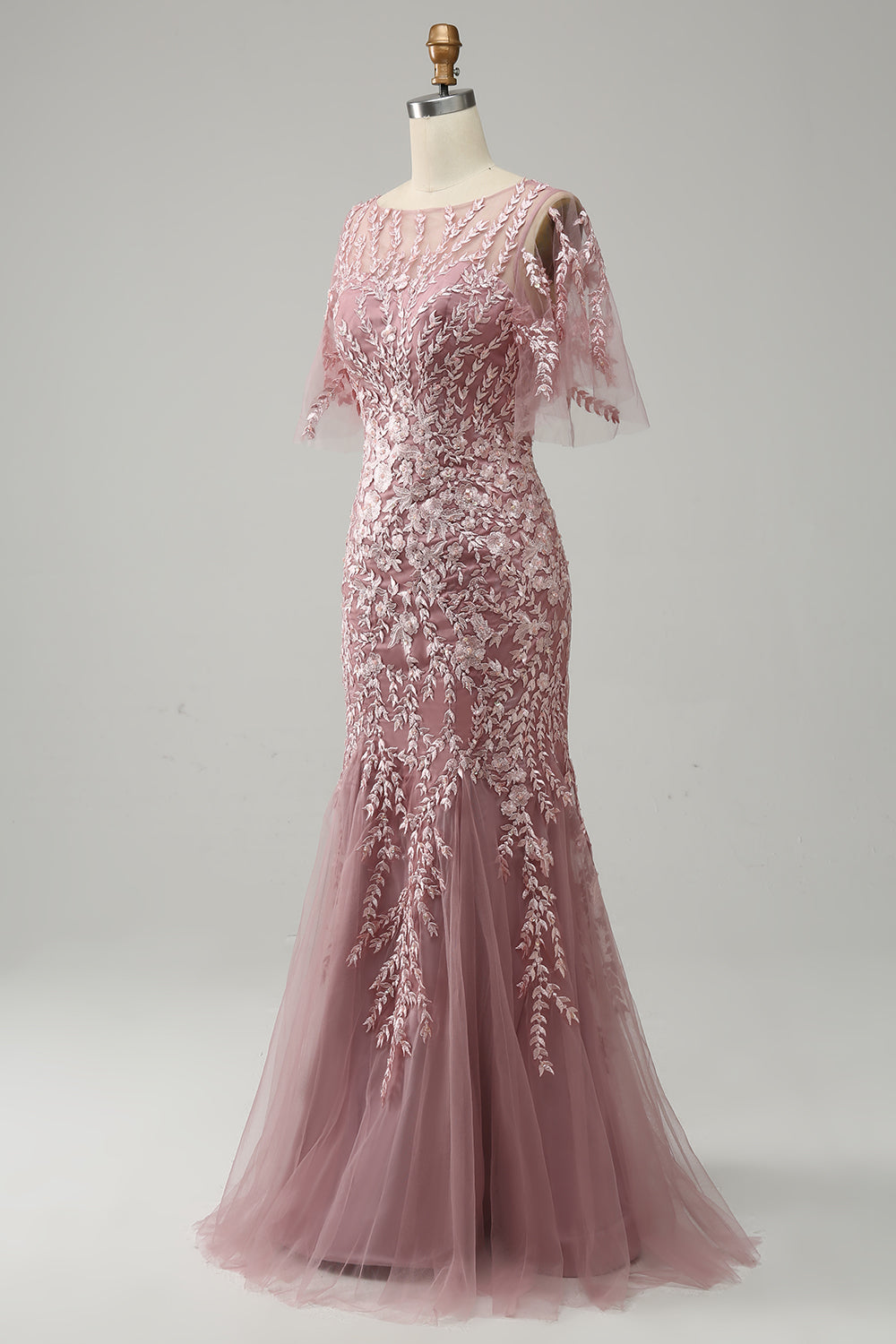 Gris Rosa Sirena Tul Vestido de Madrina con Encaje
