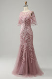 Gris Rosa Sirena Tul Vestido de Madrina con Encaje