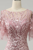 Gris Rosa Sirena Tul Vestido de Madrina con Encaje