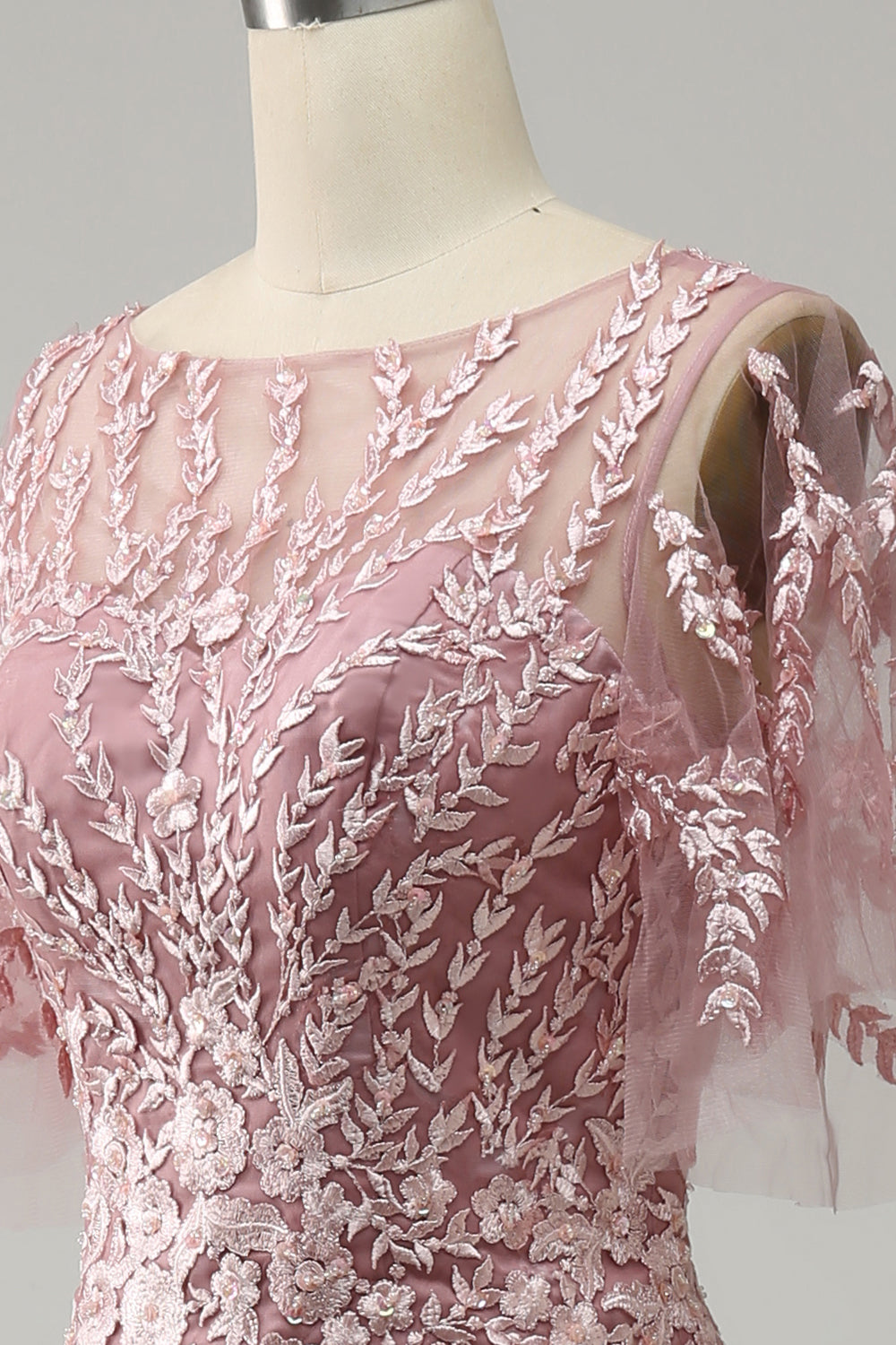 Gris Rosa Sirena Tul Vestido de Madrina con Encaje