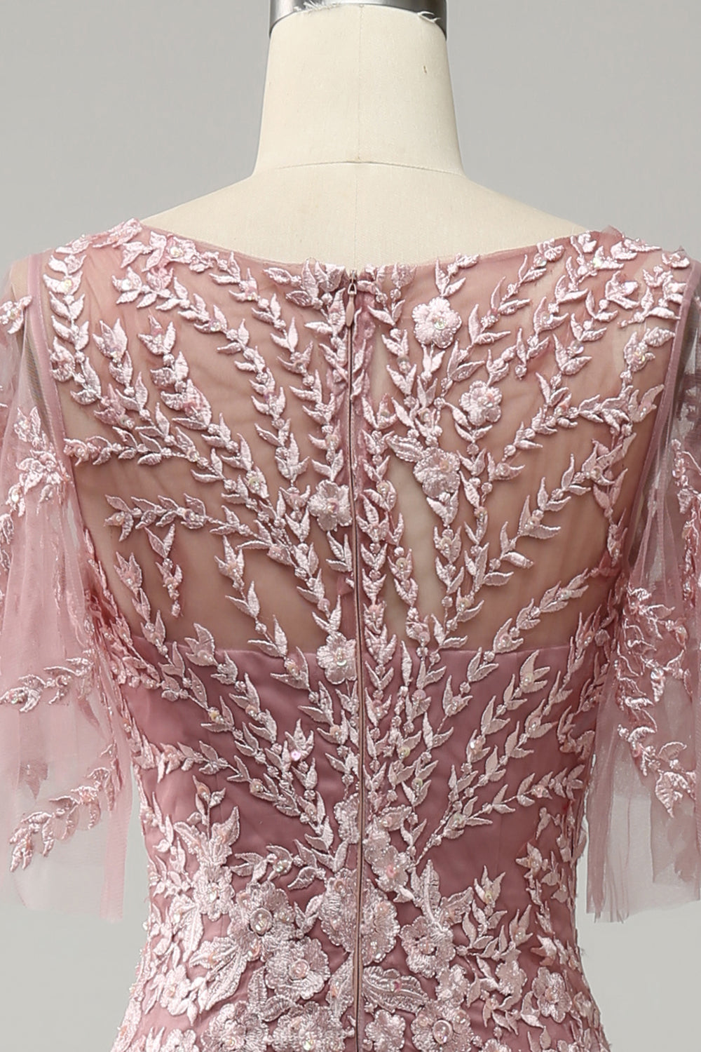 Gris Rosa Sirena Tul Vestido de Madrina con Encaje