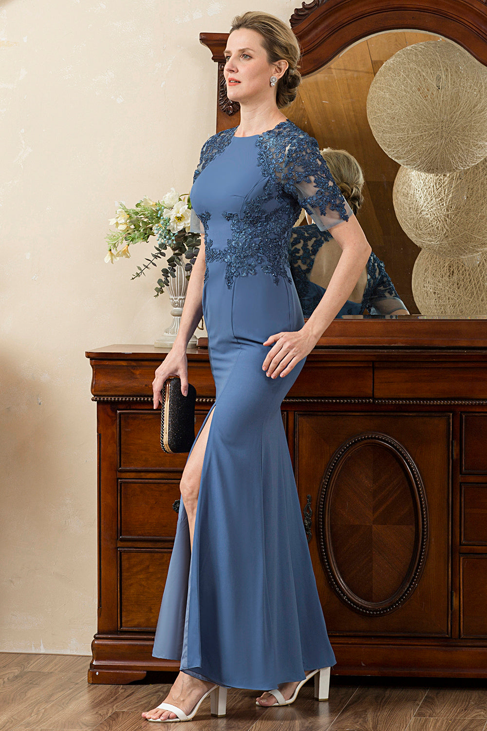Azul Sirena Vestido de Madrina Abierta Espalda