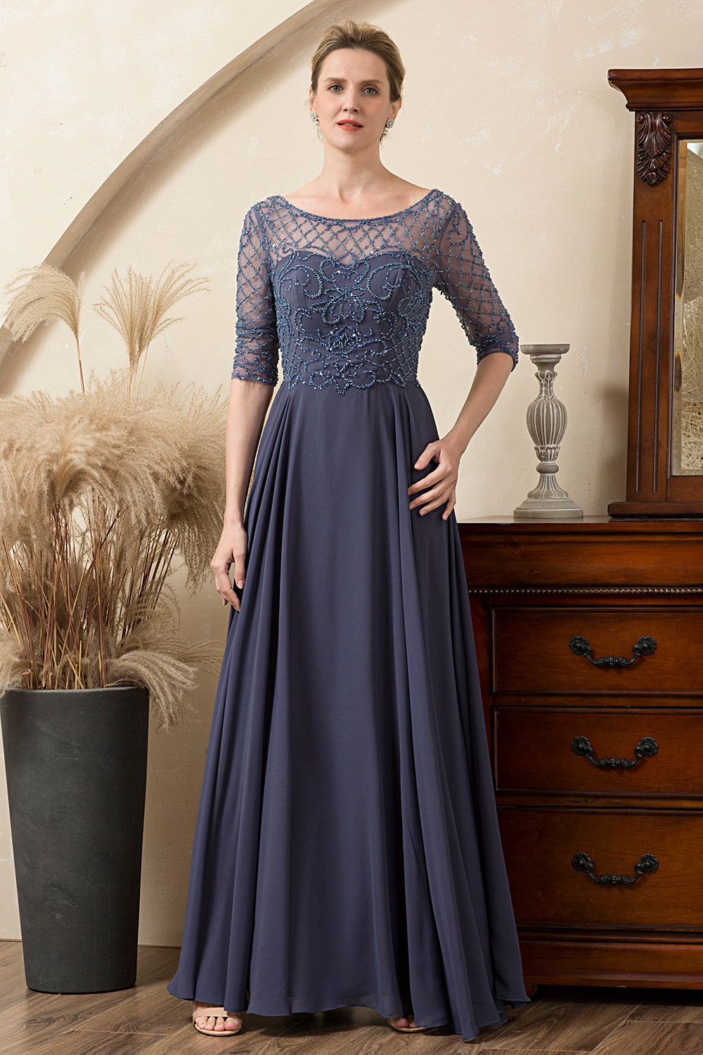 Vestido de Madrina Con Cuentas Azul Gris