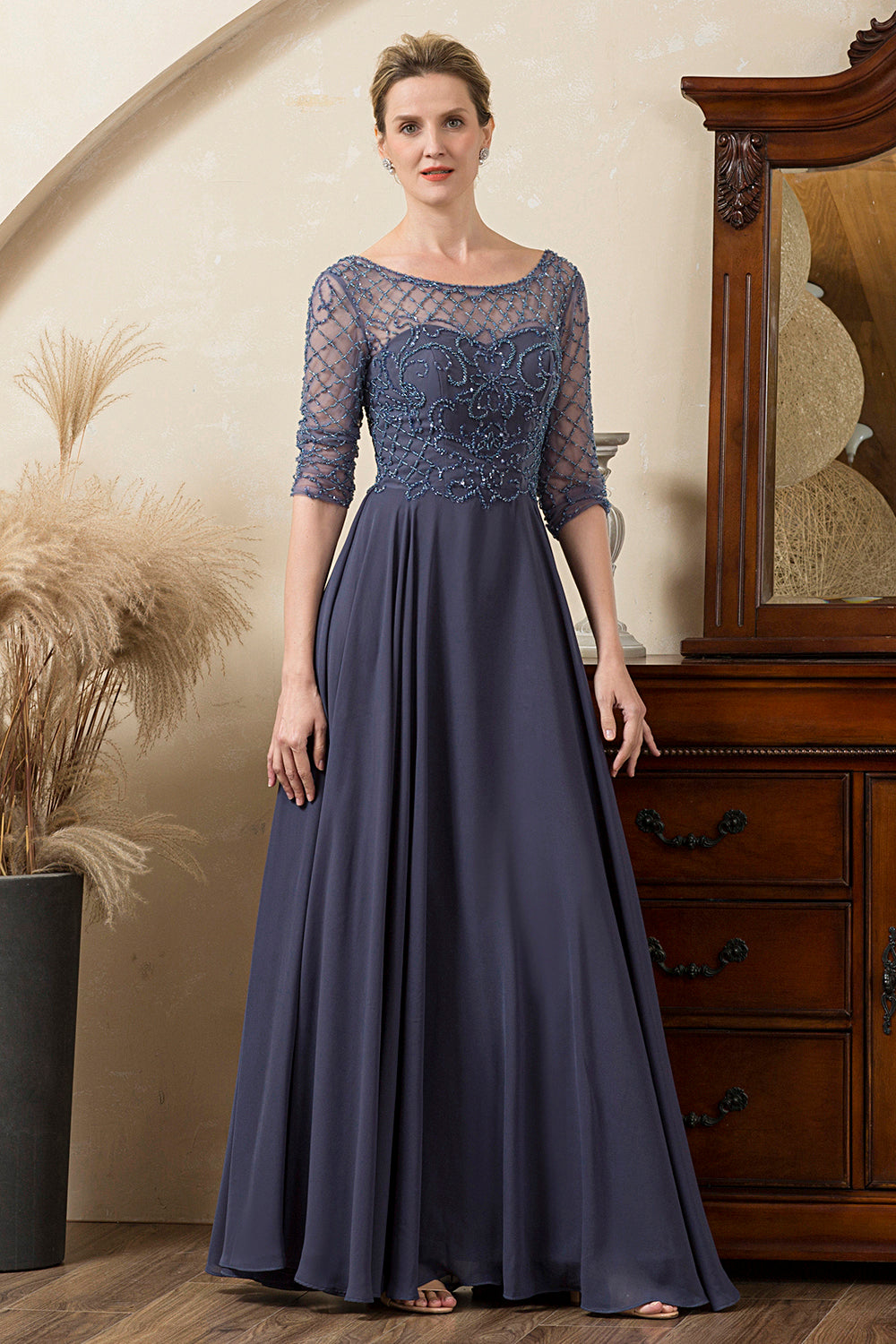 Vestido de Madrina Con Cuentas Azul Gris