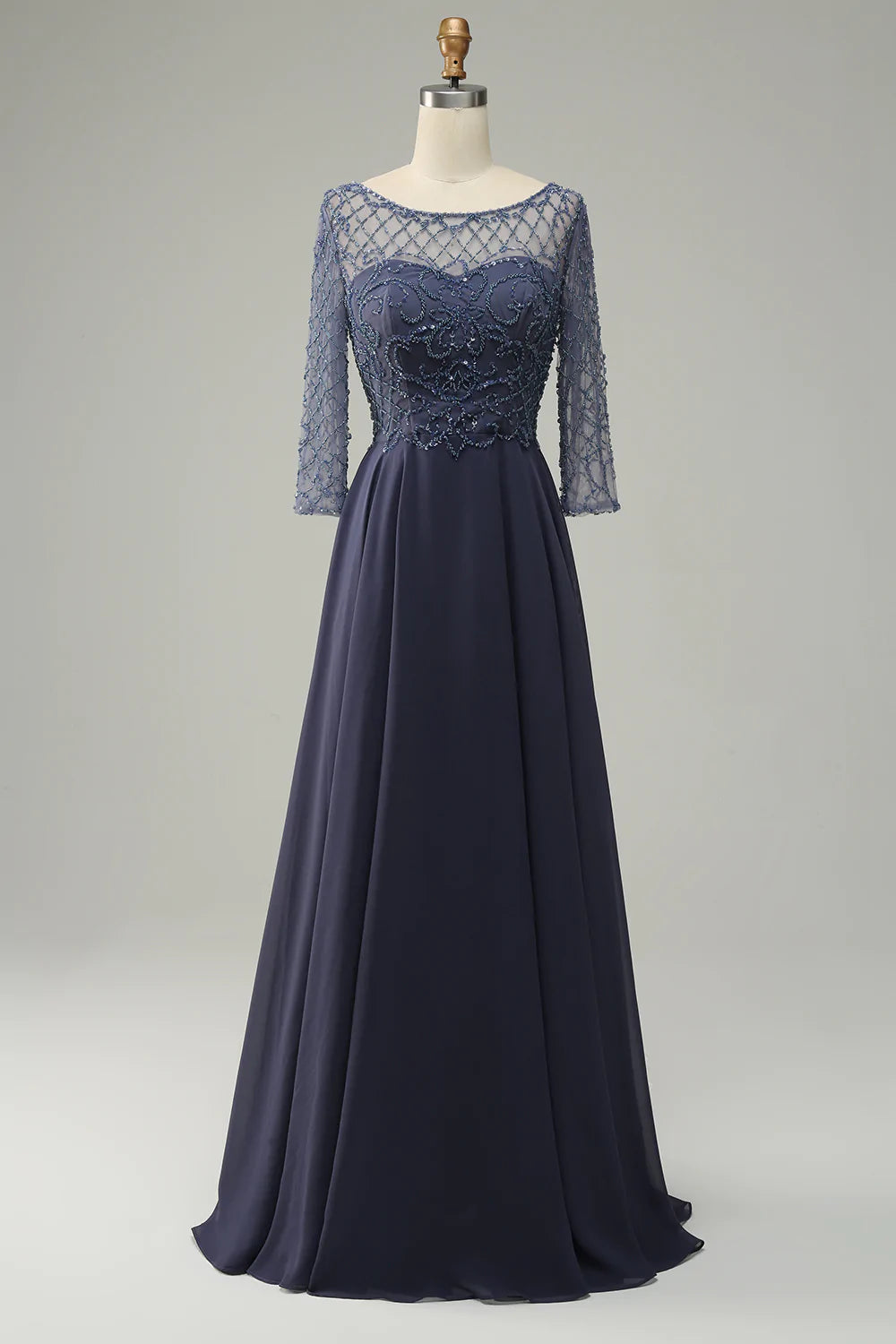 Mangas Largas Vestido de Madrina Gris Azul