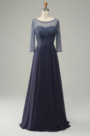 Mangas Largas Vestido de Madrina Gris Azul
