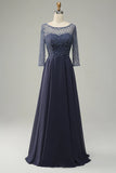 Mangas Largas Vestido de Madrina Gris Azul