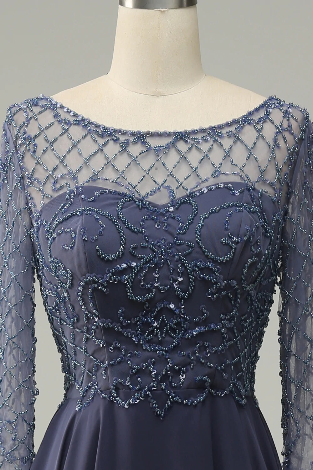 Mangas Largas Vestido de Madrina Gris Azul