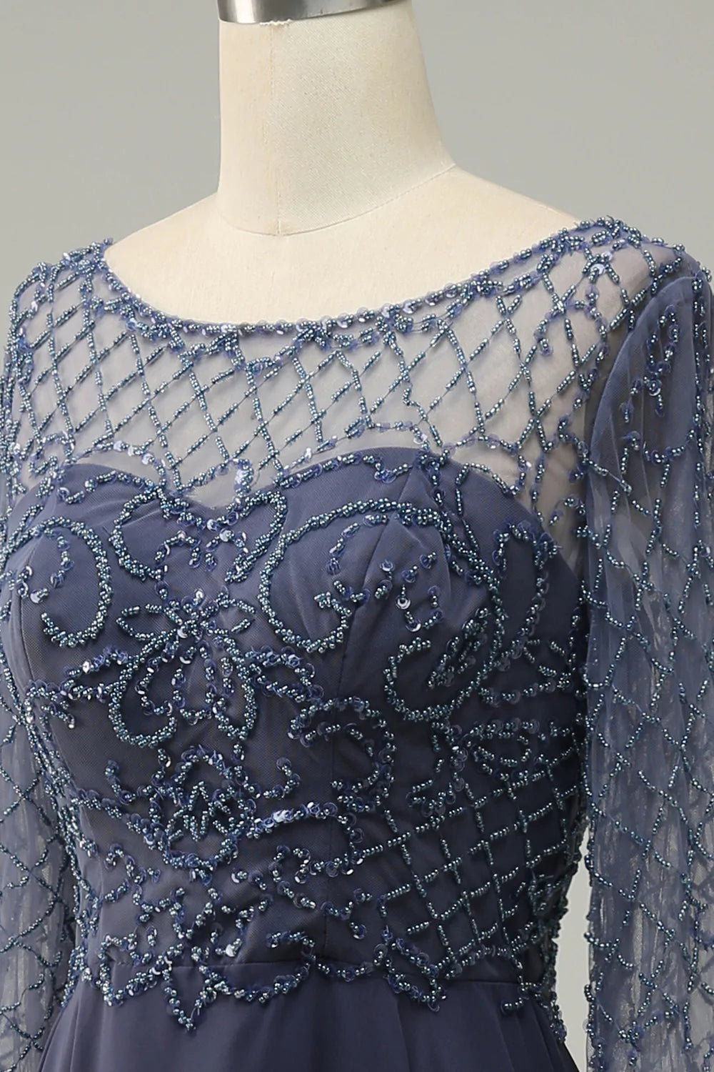 Mangas Largas Vestido de Madrina Gris Azul
