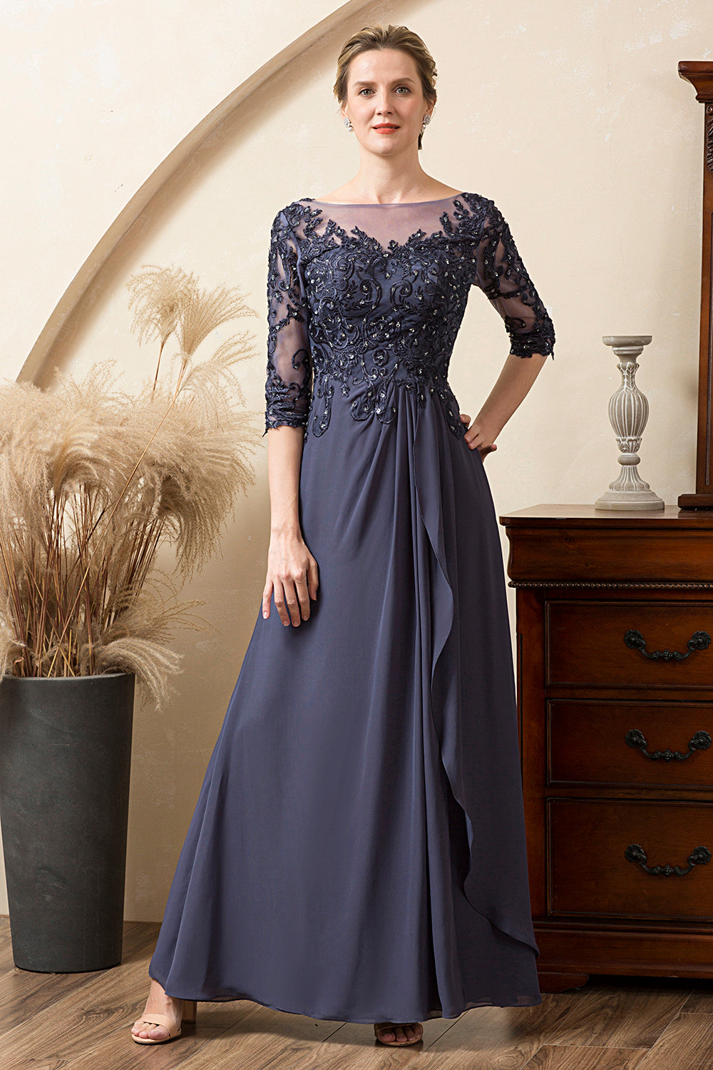 Gris Azul Gasa Vestido de Madrina Con Cuentas
