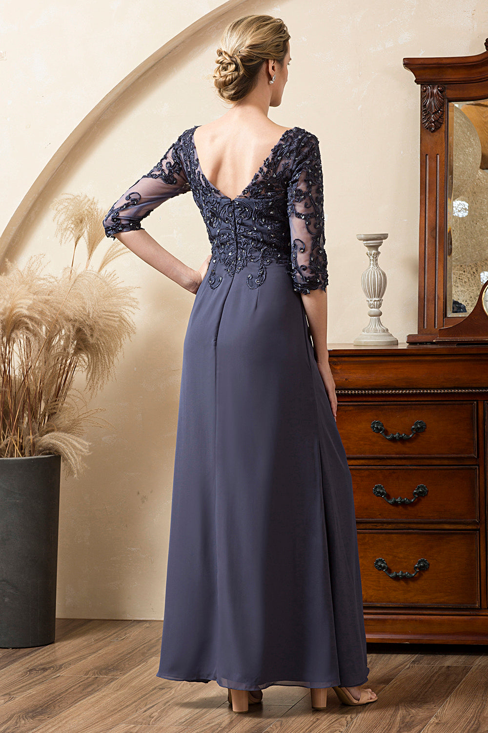 Gris Azul Gasa Vestido de Madrina Con Cuentas