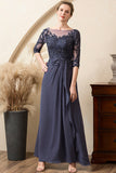 Gris Azul Gasa Vestido de Madrina Con Cuentas