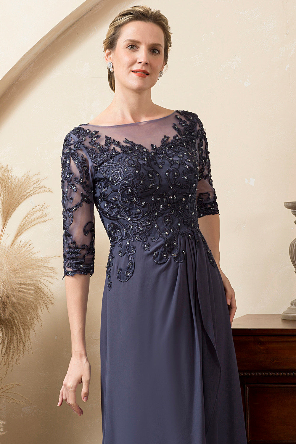 Gris Azul Gasa Vestido de Madrina Con Cuentas
