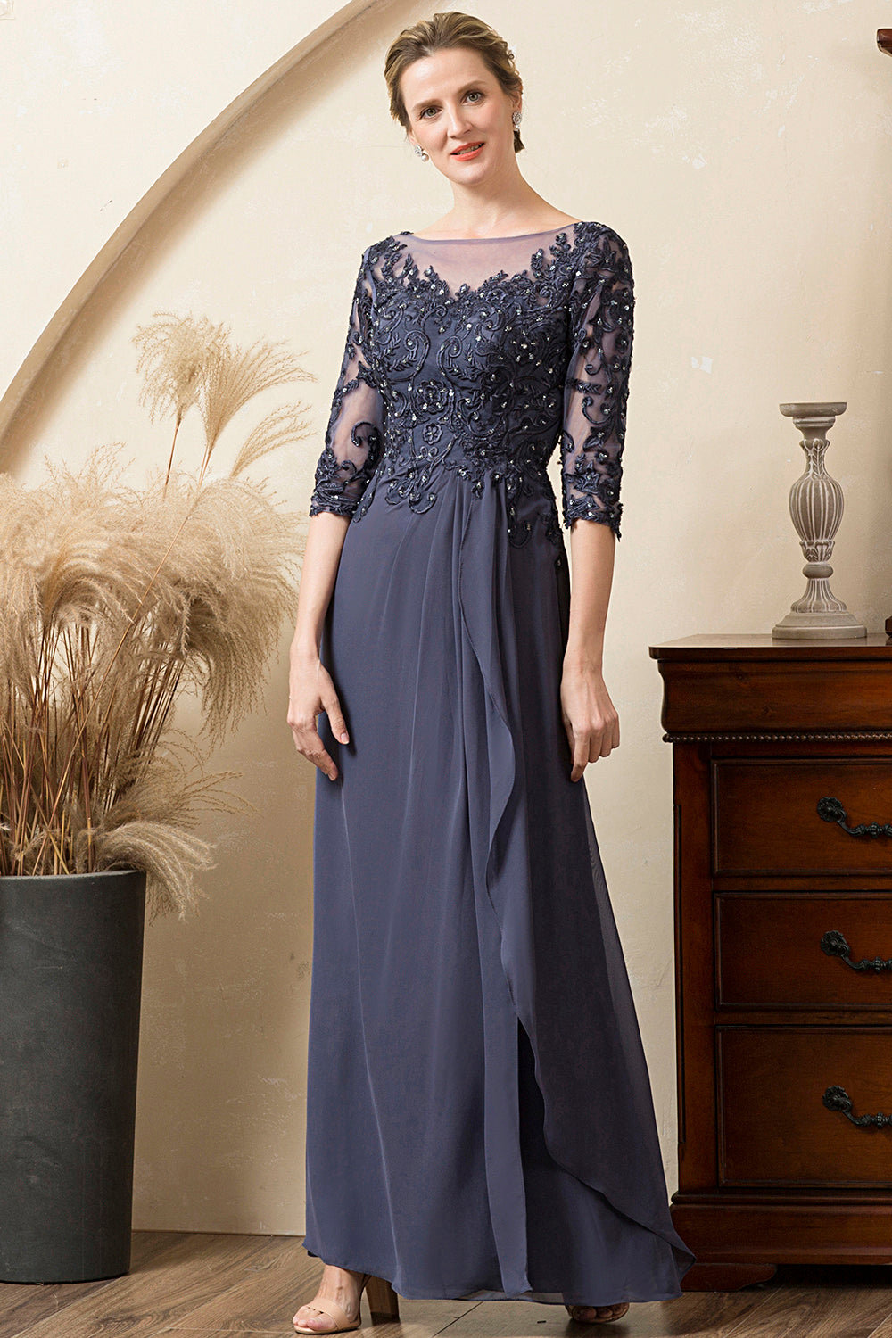 Gris Azul Gasa Vestido de Madrina Con Cuentas