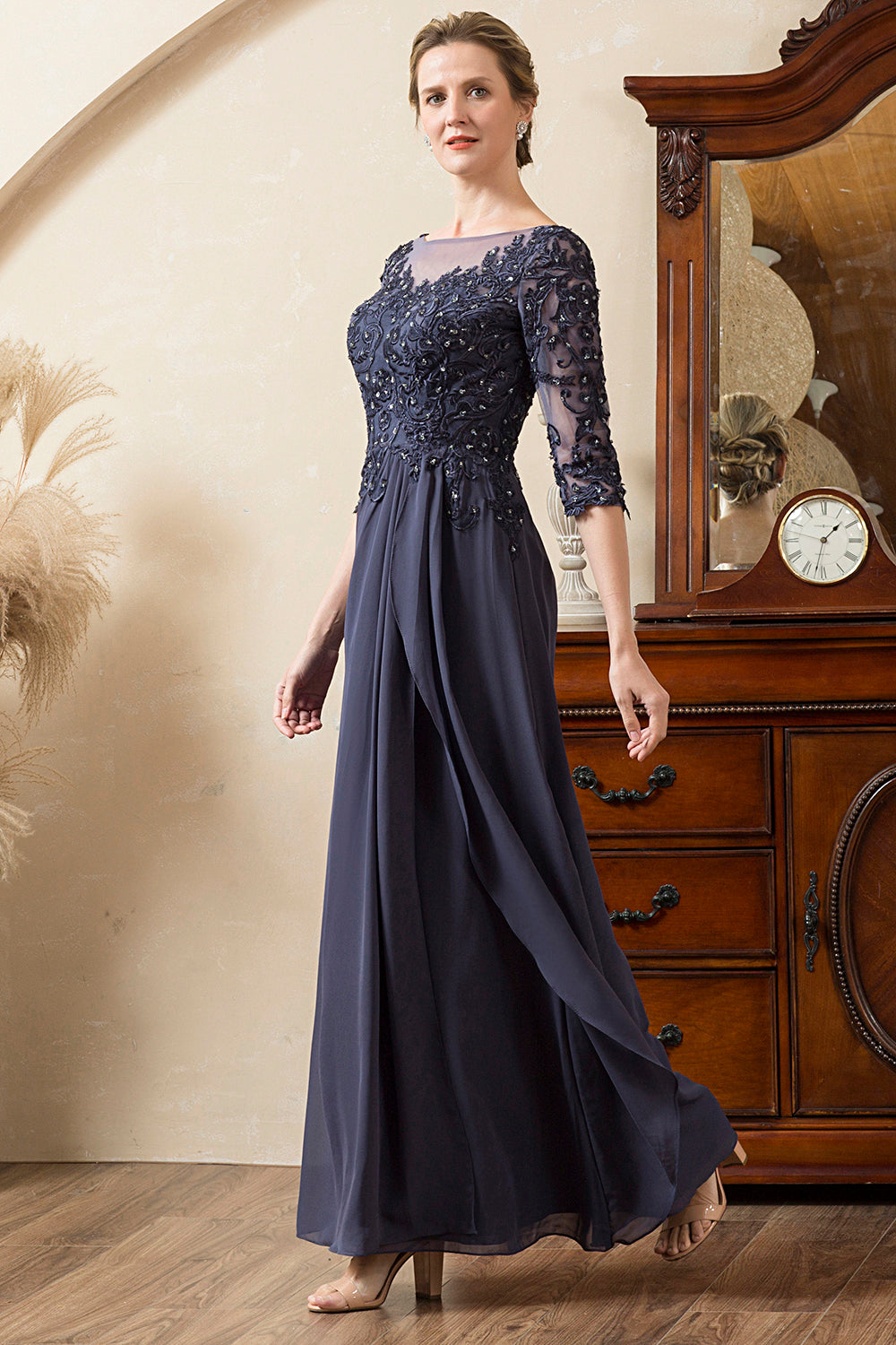 Gris Azul Gasa Vestido de Madrina Con Cuentas
