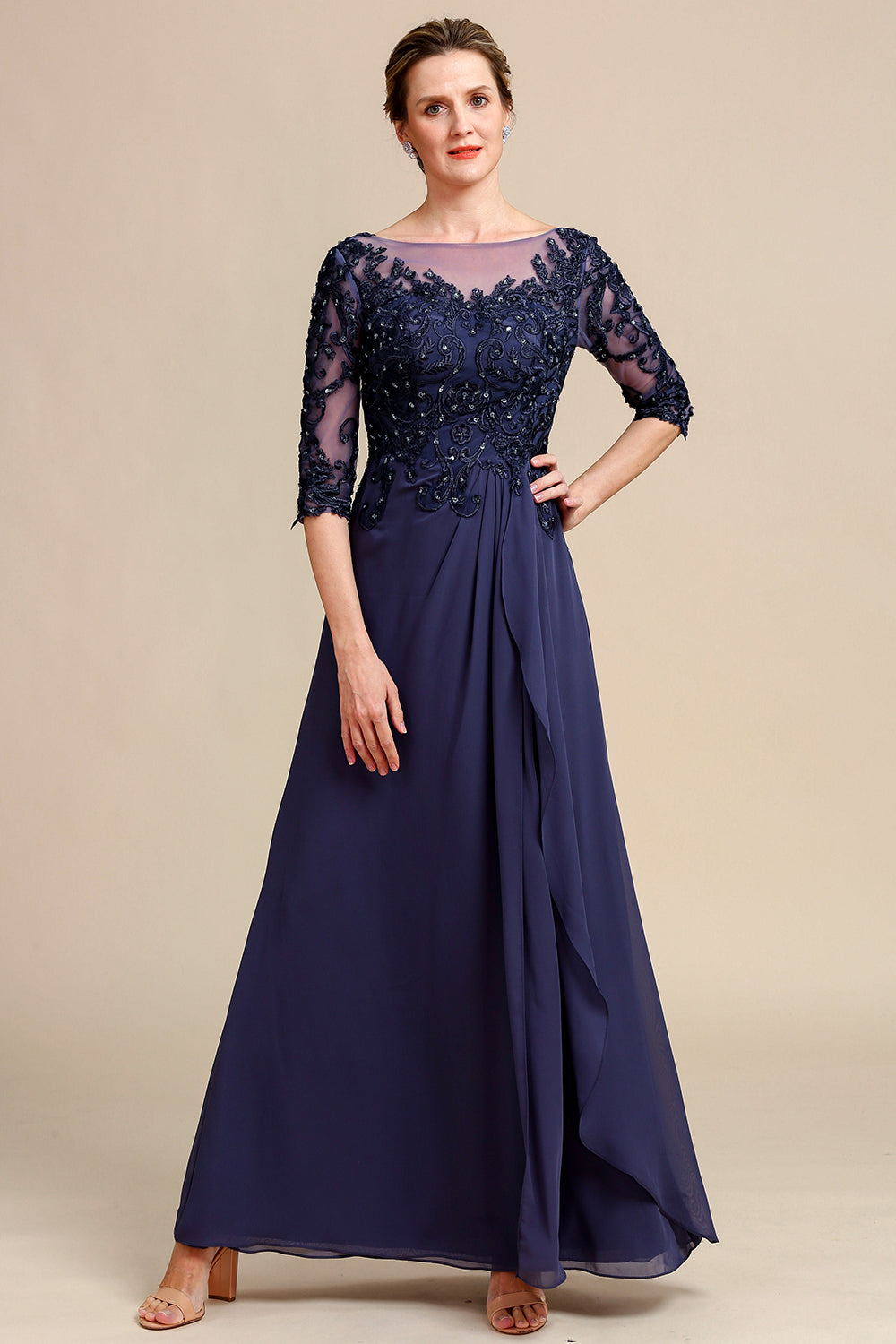 Mangas Largas Vestido Gris Azul de Madrina Con Apliques