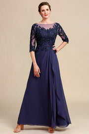 Mangas Largas Vestido Gris Azul de Madrina Con Apliques