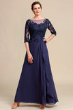 Mangas Largas Vestido Gris Azul de Madrina Con Apliques