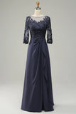 Mangas Largas Vestido Gris Azul de Madrina Con Apliques