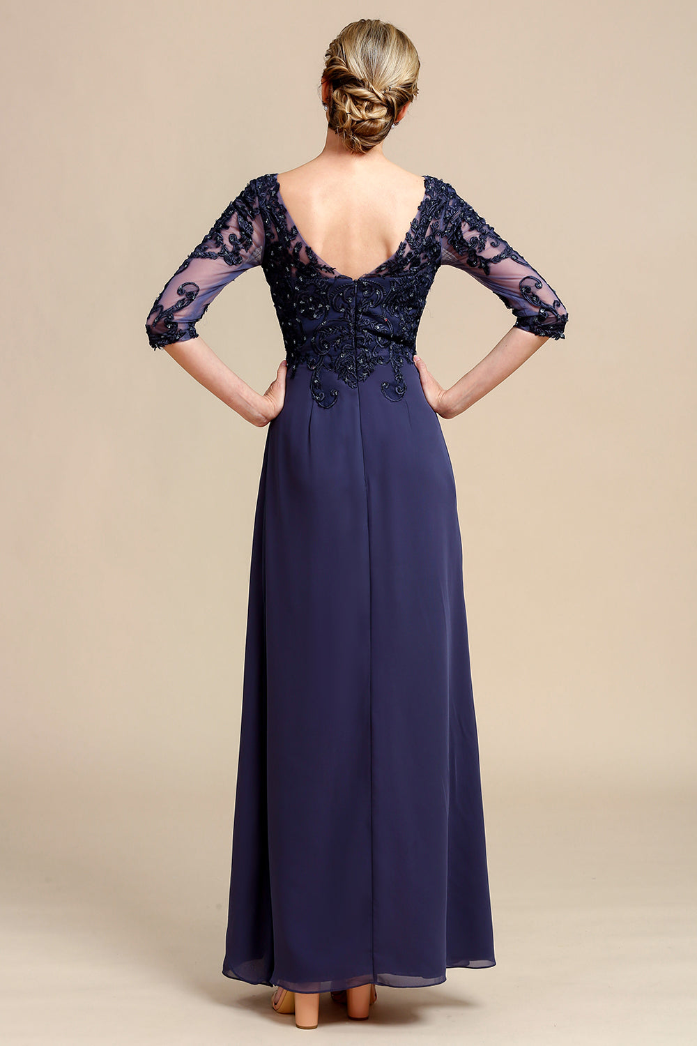 Mangas Largas Vestido Gris Azul de Madrina Con Apliques
