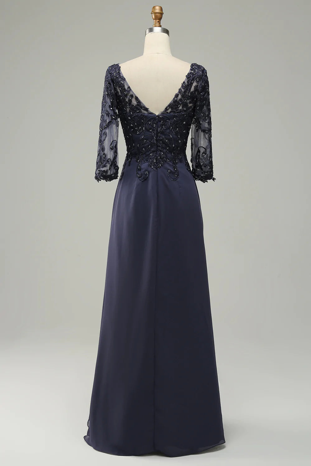Mangas Largas Vestido Gris Azul de Madrina Con Apliques
