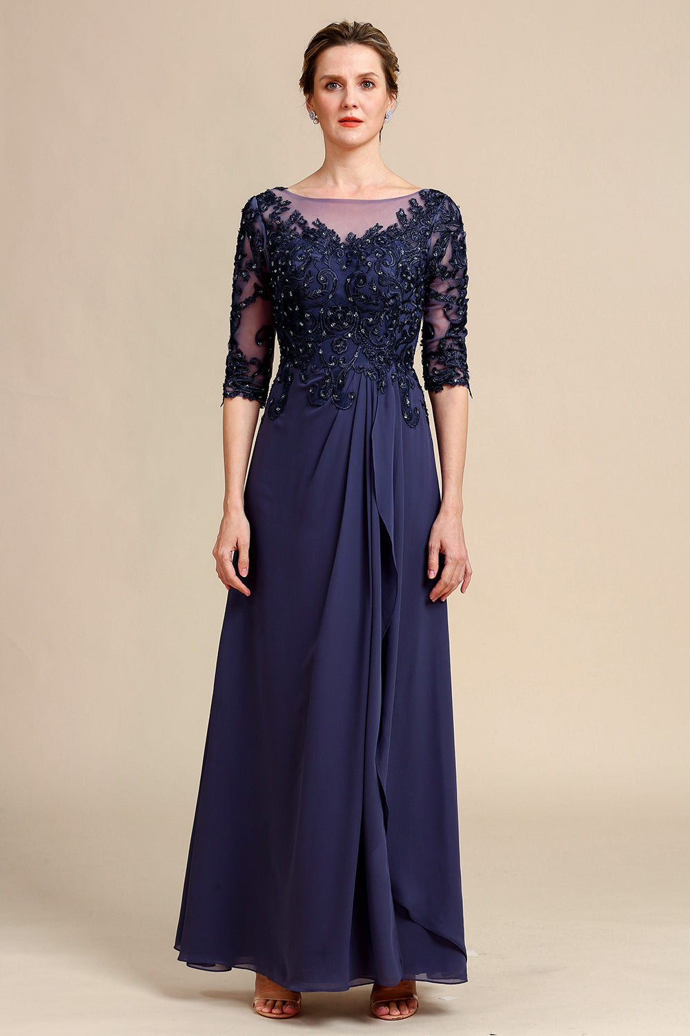 Mangas Largas Vestido Gris Azul de Madrina Con Apliques