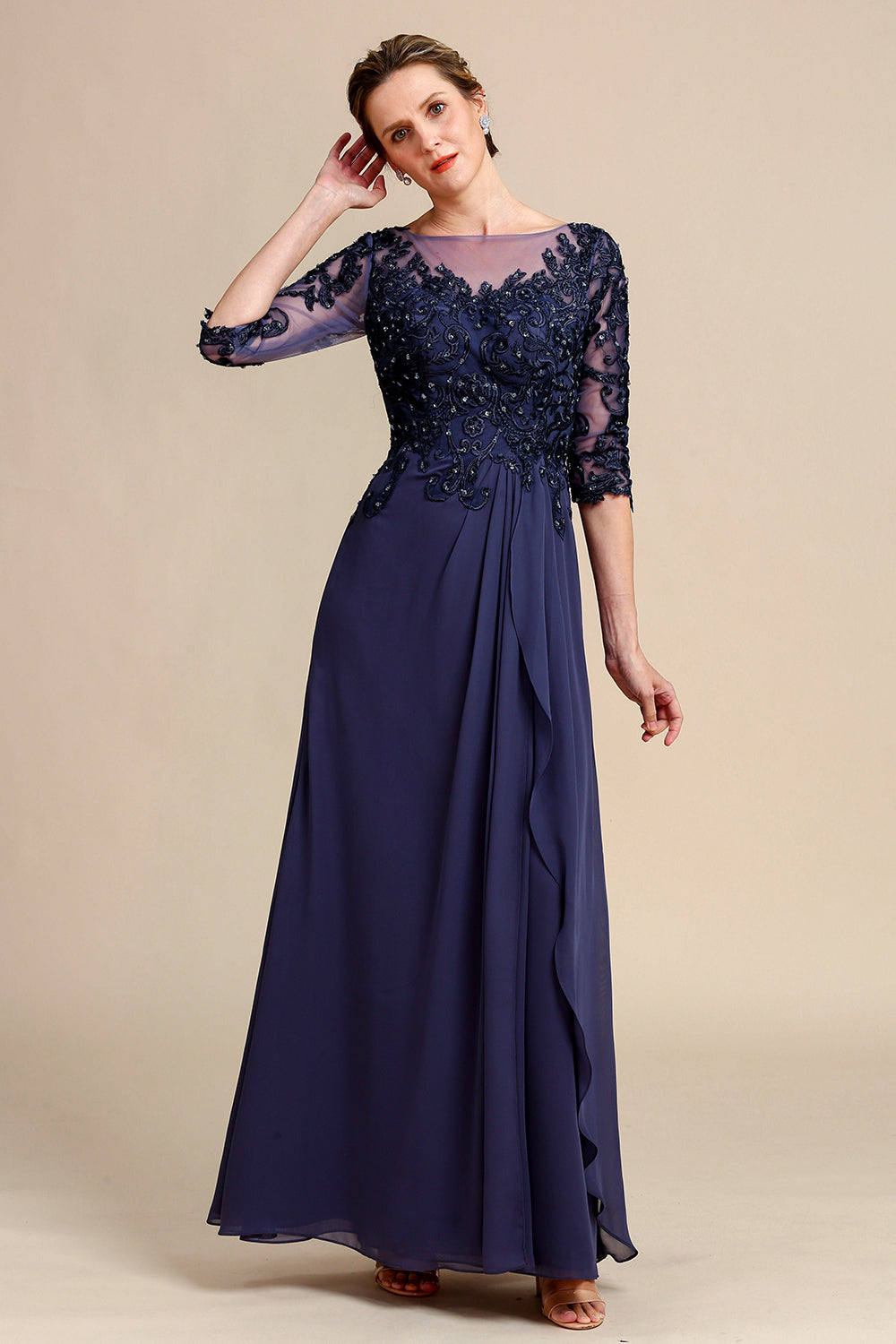 Mangas Largas Vestido Gris Azul de Madrina Con Apliques