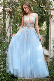 A Línea Cuello en V Azul Claro Vestido de Fiesta Con Apliques