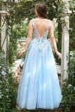 A Línea Cuello en V Azul Claro Vestido de Fiesta Con Apliques