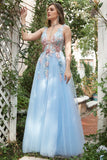 A Línea Cuello en V Azul Claro Vestido de Fiesta Con Apliques