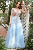 A Línea Cuello en V Azul Claro Vestido de Fiesta Con Apliques