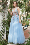 A Línea Cuello en V Azul Claro Vestido de Fiesta Con Apliques