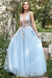A Línea Cuello en V Azul Claro Vestido de Fiesta Con Apliques
